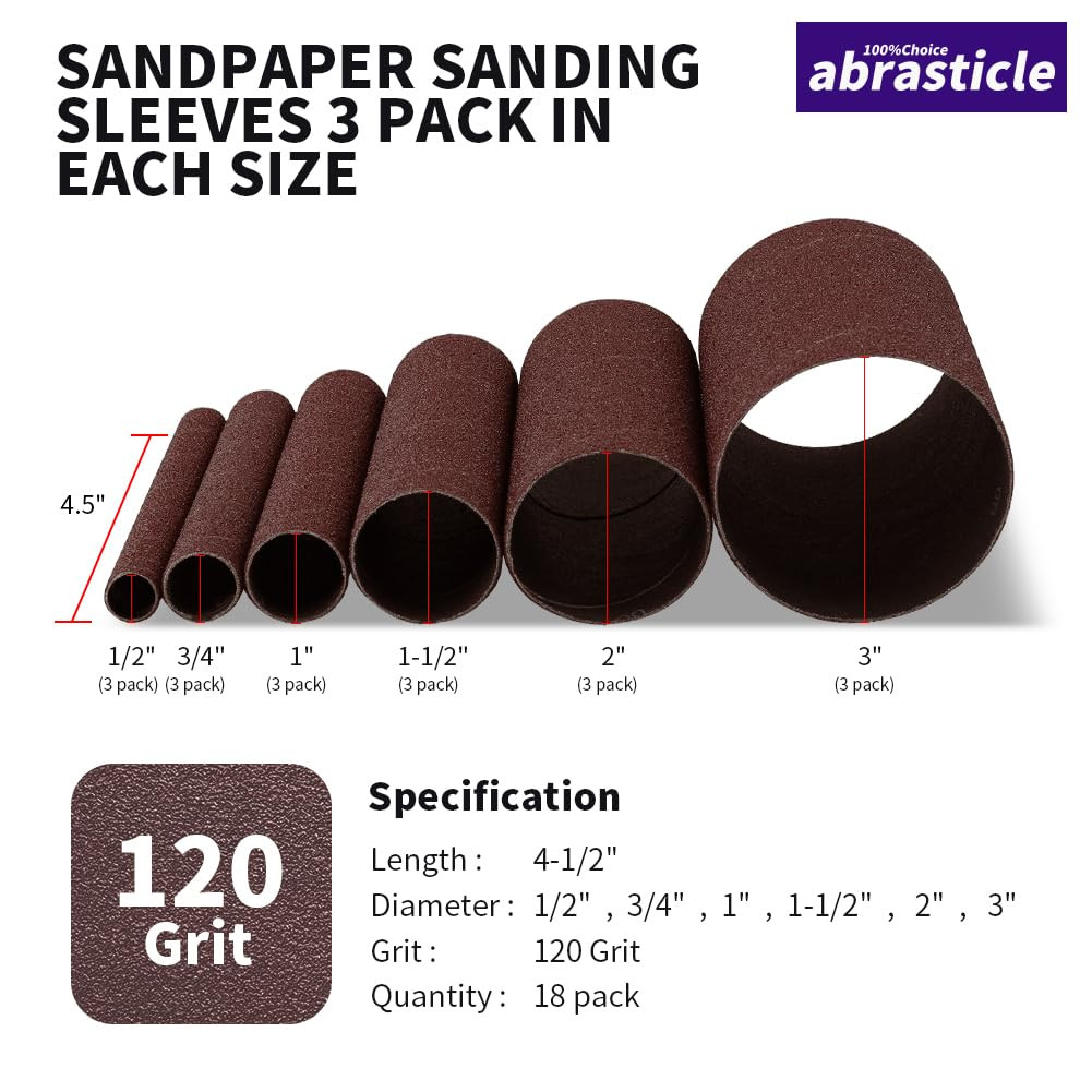 18 Pack Spindle Sander Sleeves, Sanding Sleeves for Oscillating Sander, 120 Grit