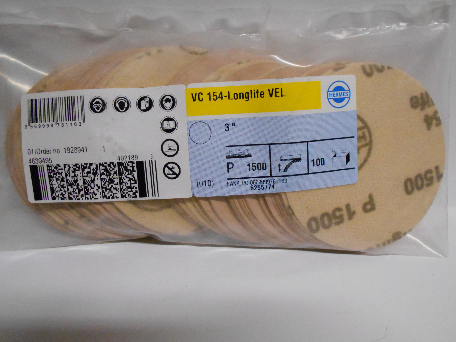 Bag of 100 VC 154-Longlife VEL 3″ P 1500 Sanding Pad Disc Sand Paper Sandpaper