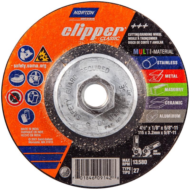 Norton Clipper 4.5 in. D X 5/8-11 in. X 1/8 in. thick Classic Grinding Wheel 1 p