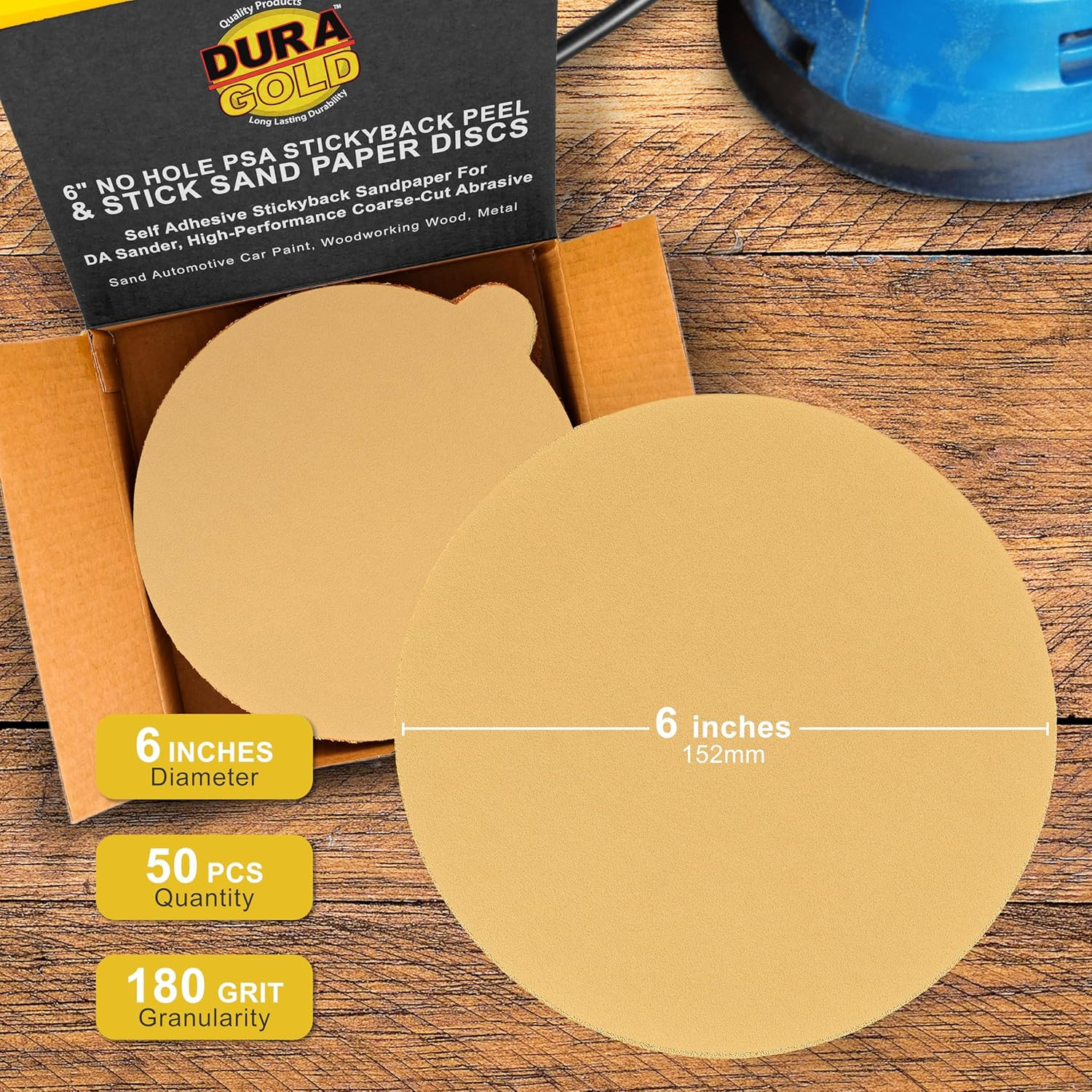 Premium 6″ Gold PSA Sanding Discs – 180 Grit, Box of 50 – Self Adhesive Stickyba