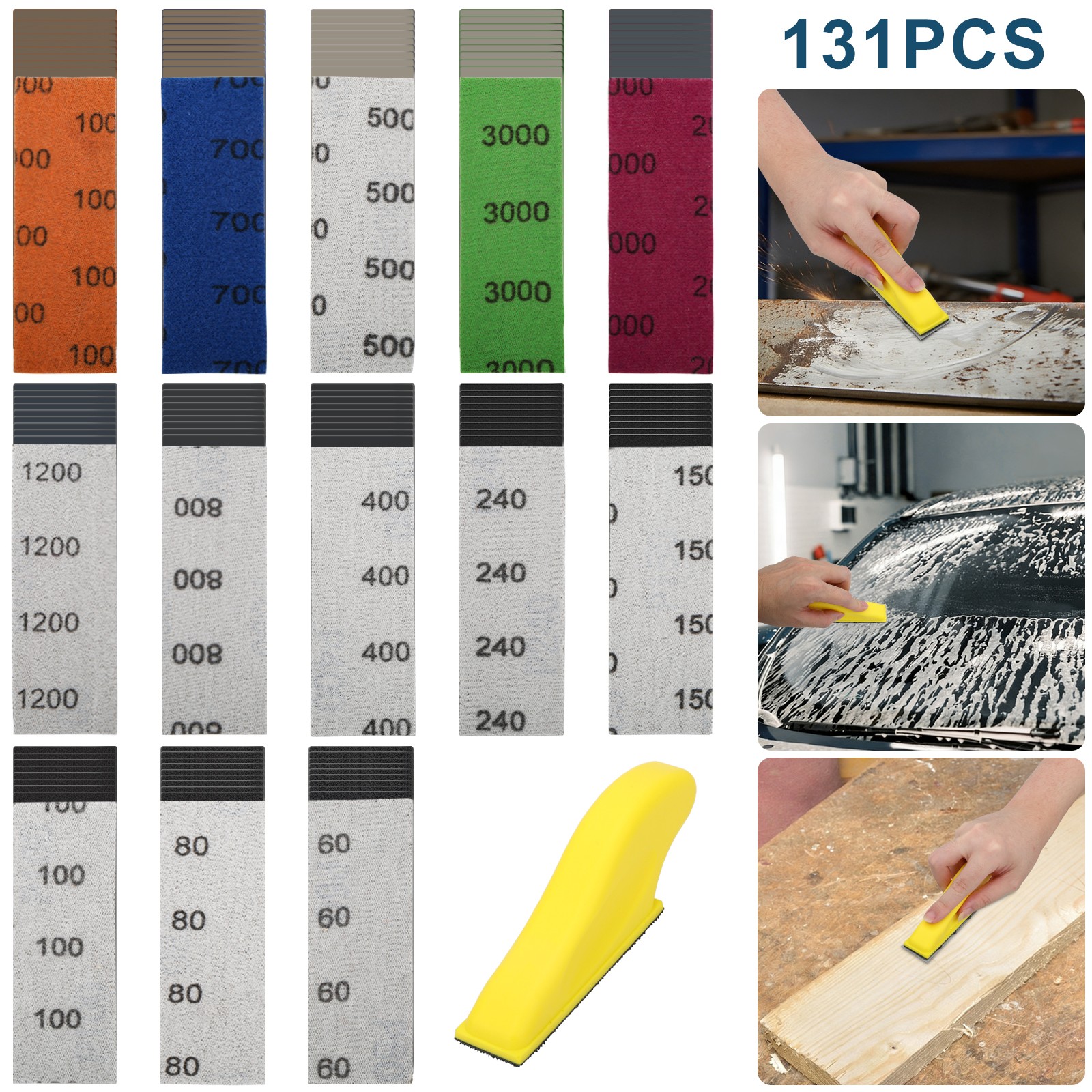 130x Wet Dry Sandpaper Set 60-10000Grit for Wood Metal w/ Mini Hand Sander Block