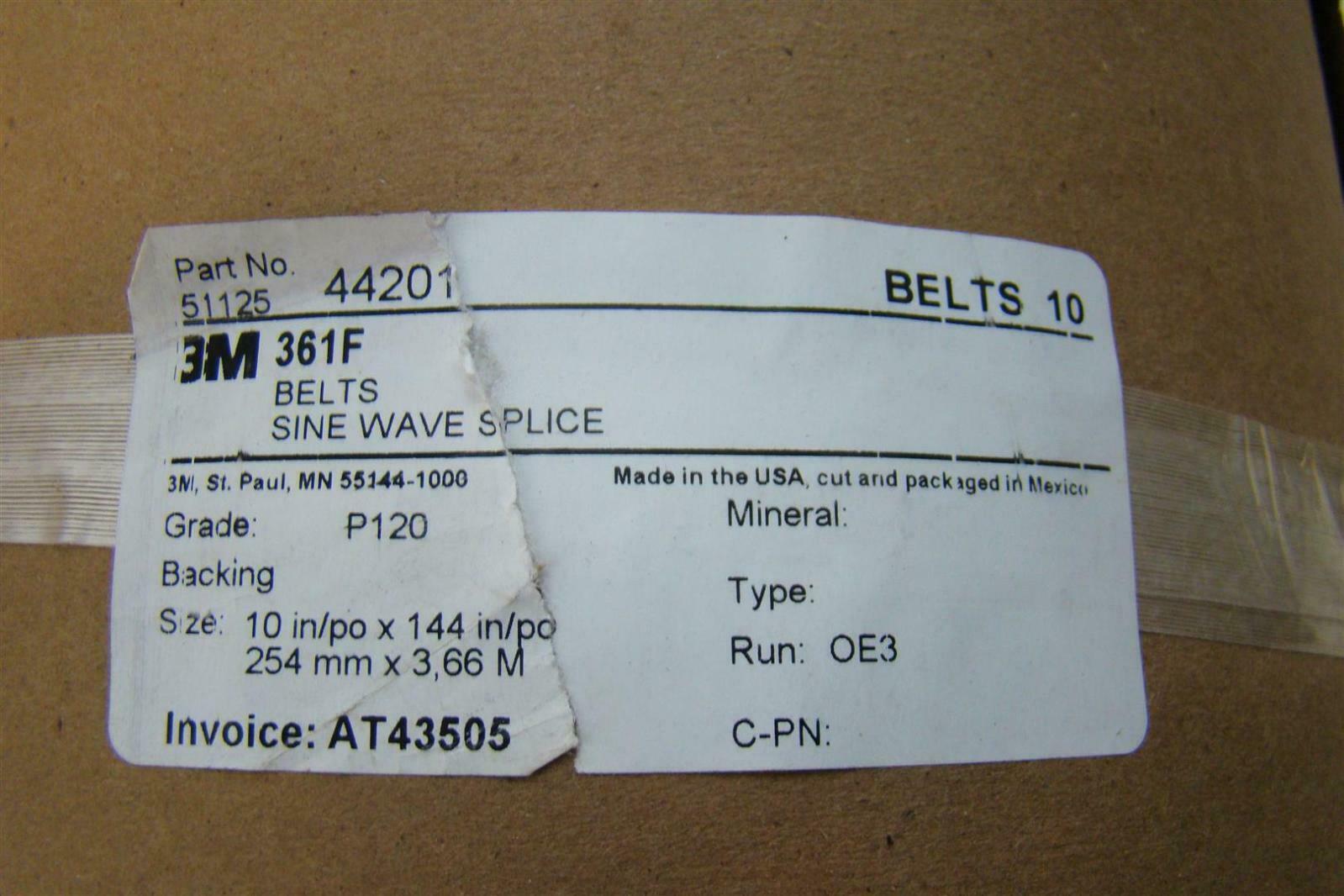 (10) 3M Sanding Belts Sine Wave Splice 10in x 144in 51125 44201