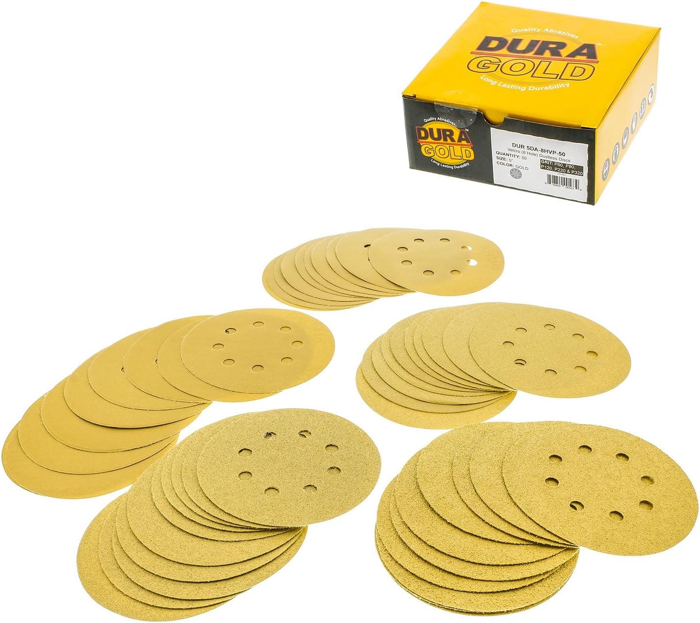 50 Pcs 5″ Gold Sanding Discs 8-Hole Hook & Loop 60-320 Grit Variety Pack