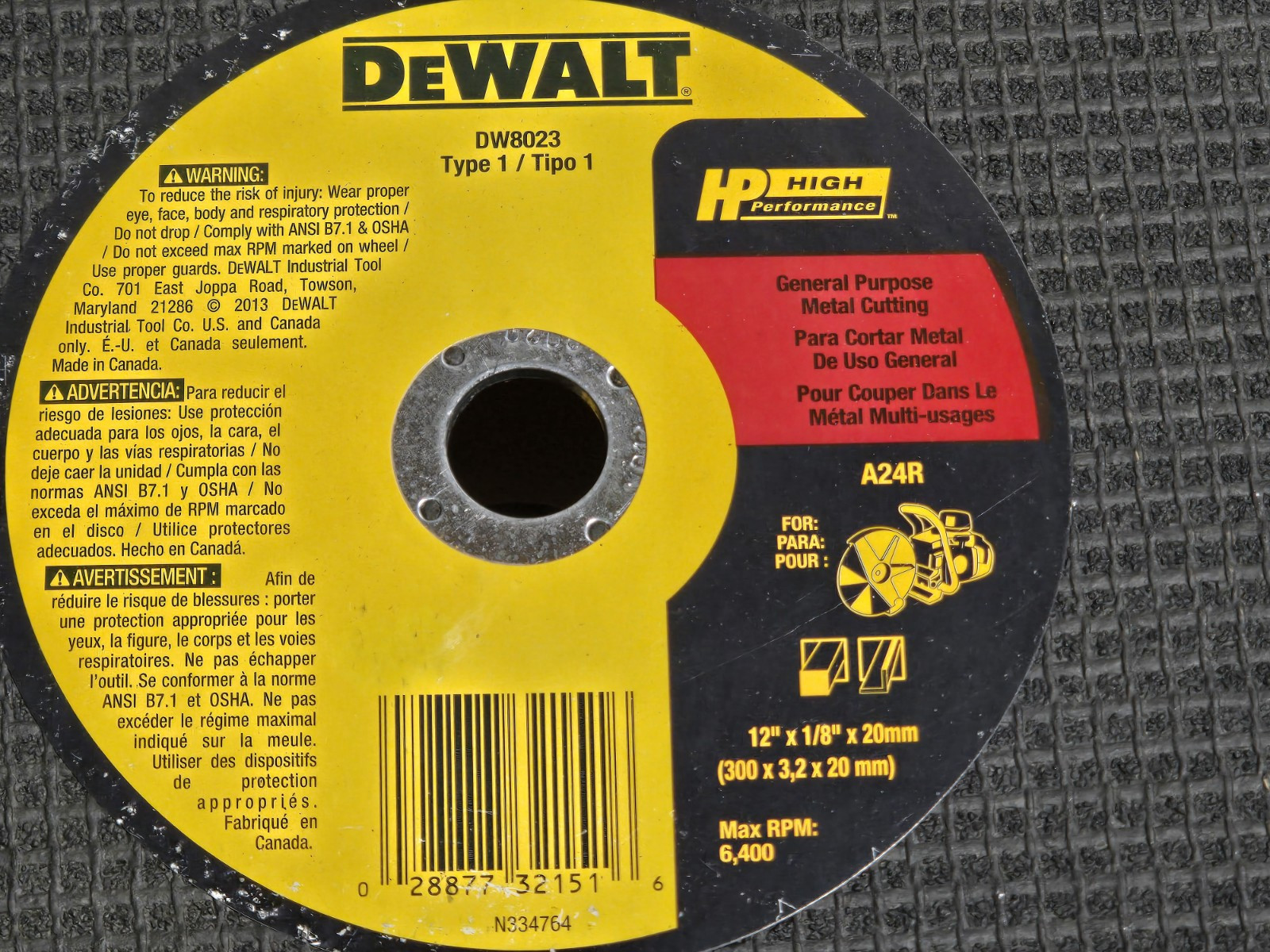 *Dewalt 12″x1/8″x20mm Metal Cutting Wheel DW8023 Type 1 PACK/10