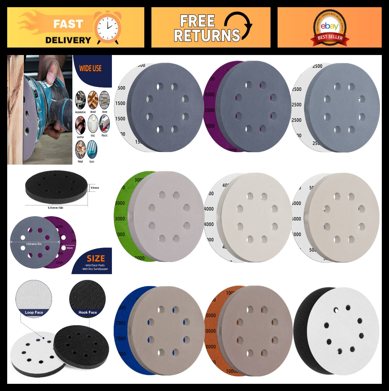80pcs 5″ Hook & Loop Sanding Discs 1500-10000 Grit Wet/Dry for Orbital Sander