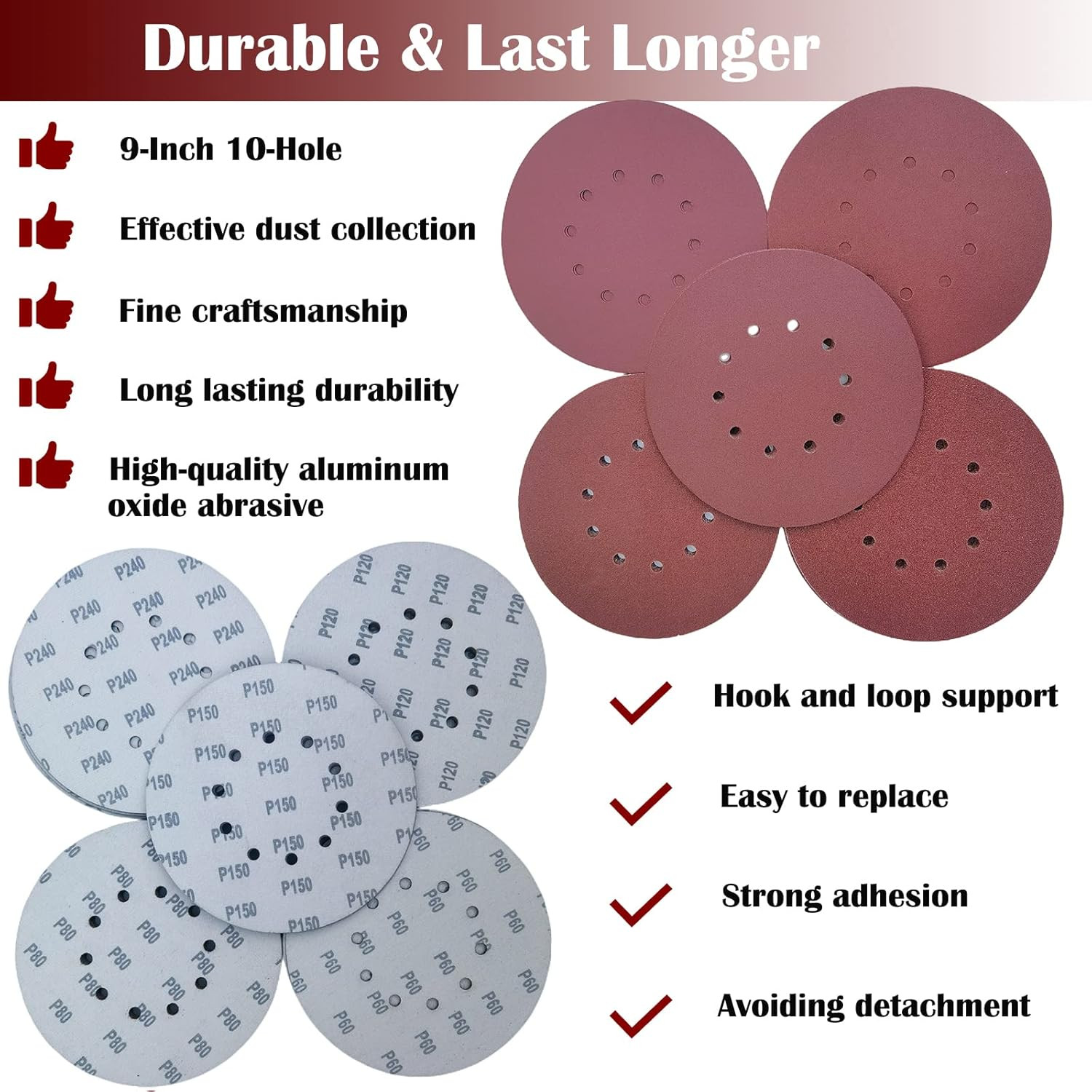 50 PCS 9-Inch 10-Hole Hook-And-Loop Sanding Discs for Drywall Sander -10 Pack Ea