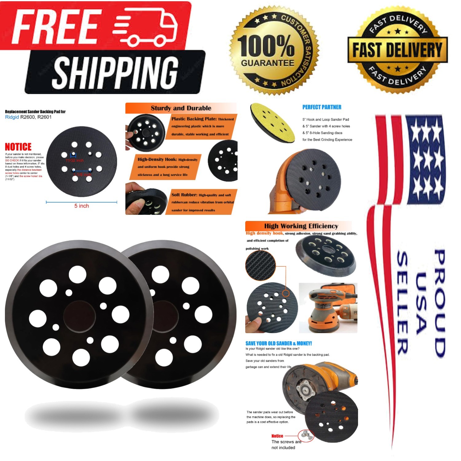 2 Pack 5 Inch 8 Hole Hook and Loop Sander Pad for Ridgid R2600, R2601 5″