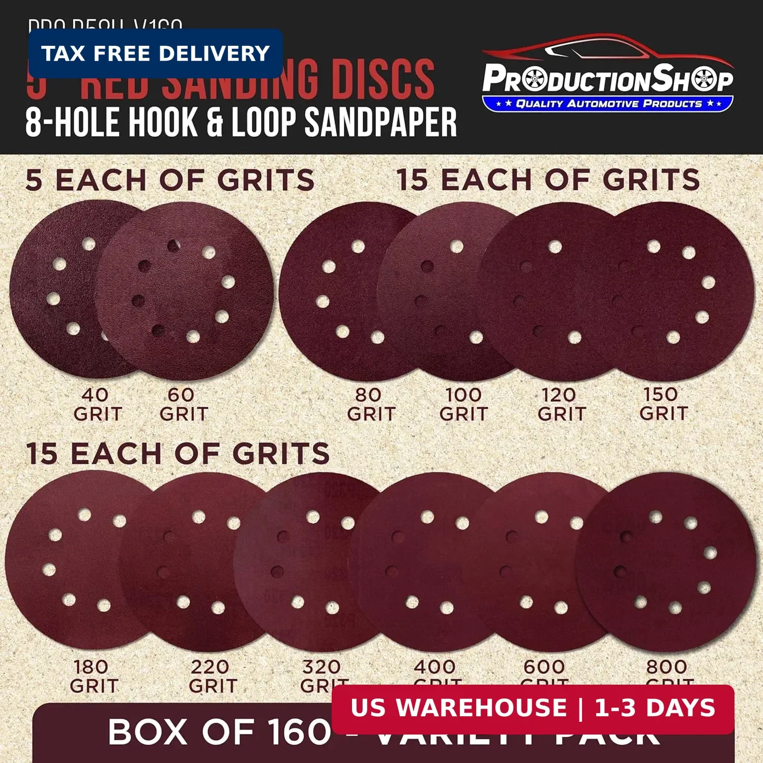 160 Pack 5 inch Sanding Discs 8-Hole Red Variety Pack Grit, Hook ,Loop Sandpaper