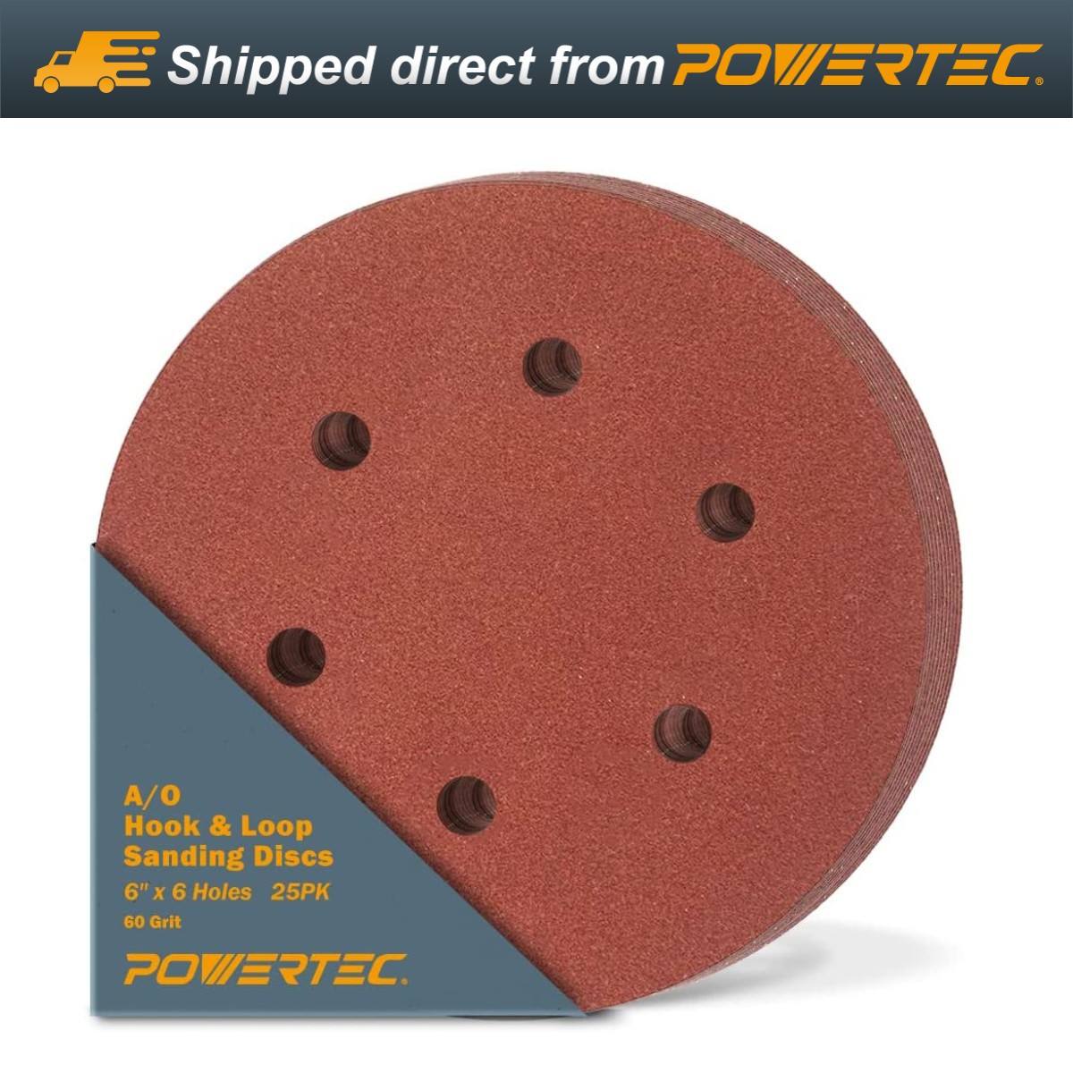 POWERTEC 45206 6 Hole Hook and Loop Sanding Disc, 6inch, Premium AO 60 Grit 25PK