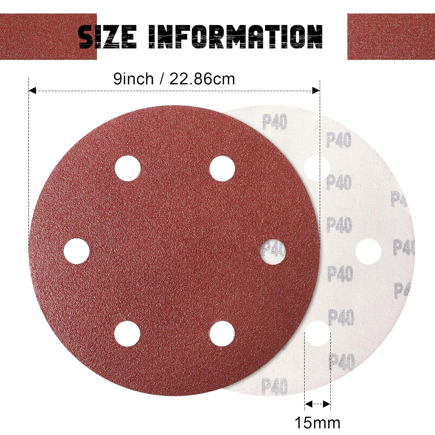 9 Inch 6 Hole Sanding Disc, 40 Grit 15 Pieces Hook and Loop Sandpaper