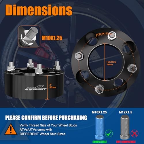 ATV 4×110 Wheel Spacers 2 inch, Black ATV Wheel Adapters 2″-10×1.25 -4pc black