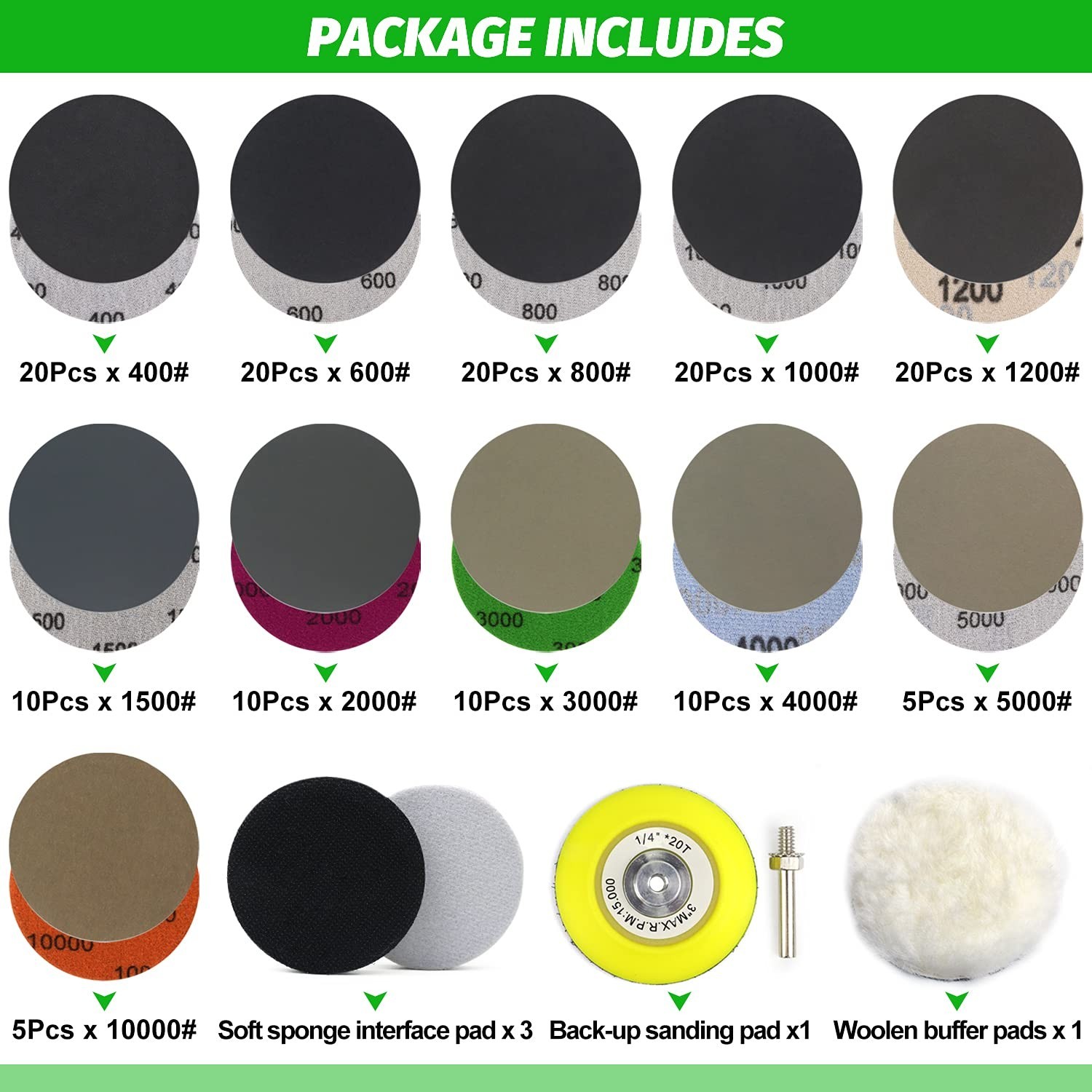 150PCS 3 Inch Silicon Carbide Sand Discs, 400-10000 Grits, for Drill & Grinder