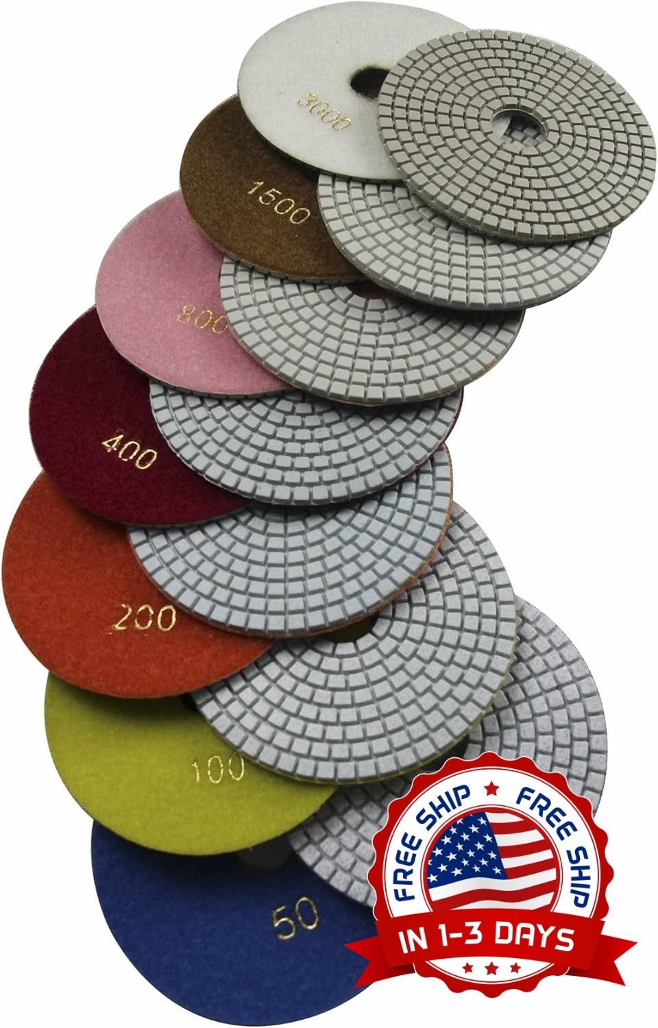 Kit 7 PCS Almohadillas Diamante 7 Pulgadas Para Granito Mármol Hormigón NEW US.
