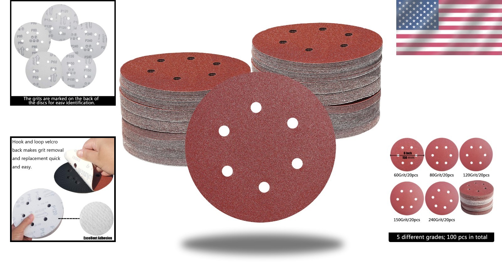100 PCS 6 Inch Sanding Discs, 6 Hole Hook and Loop Sandpaper 60 80 120 240 400 G