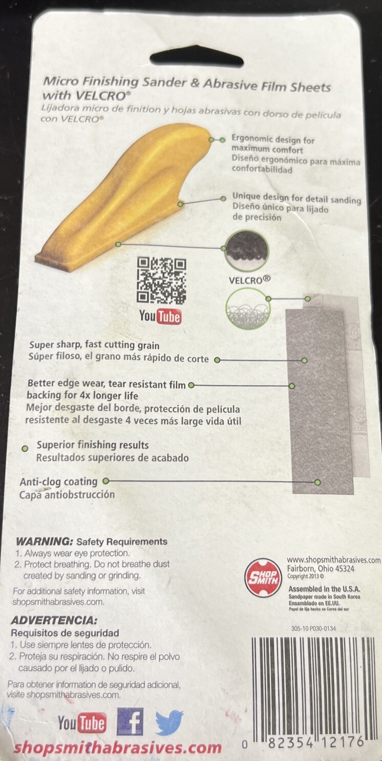 New Sealed Shopsmith MicroZip Sander w/12 Abrasive Film Sheets! P220 #12176