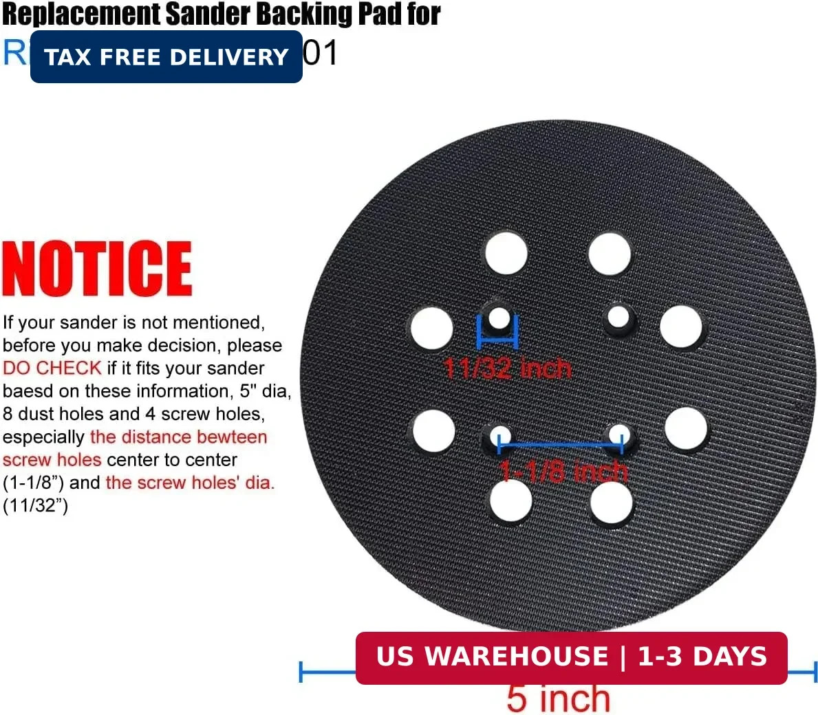 2 Pack 5 Inch 8 Hole Hook and Loop Sander Pad for Ridgid R2600, R2601 5″ Random