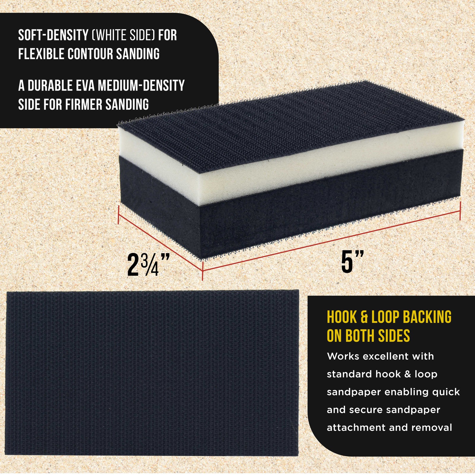 2 Rectangle 5″ Dual Density 2 Sided EVA Hand Sanding Blocks, Hook & Loop, PSA