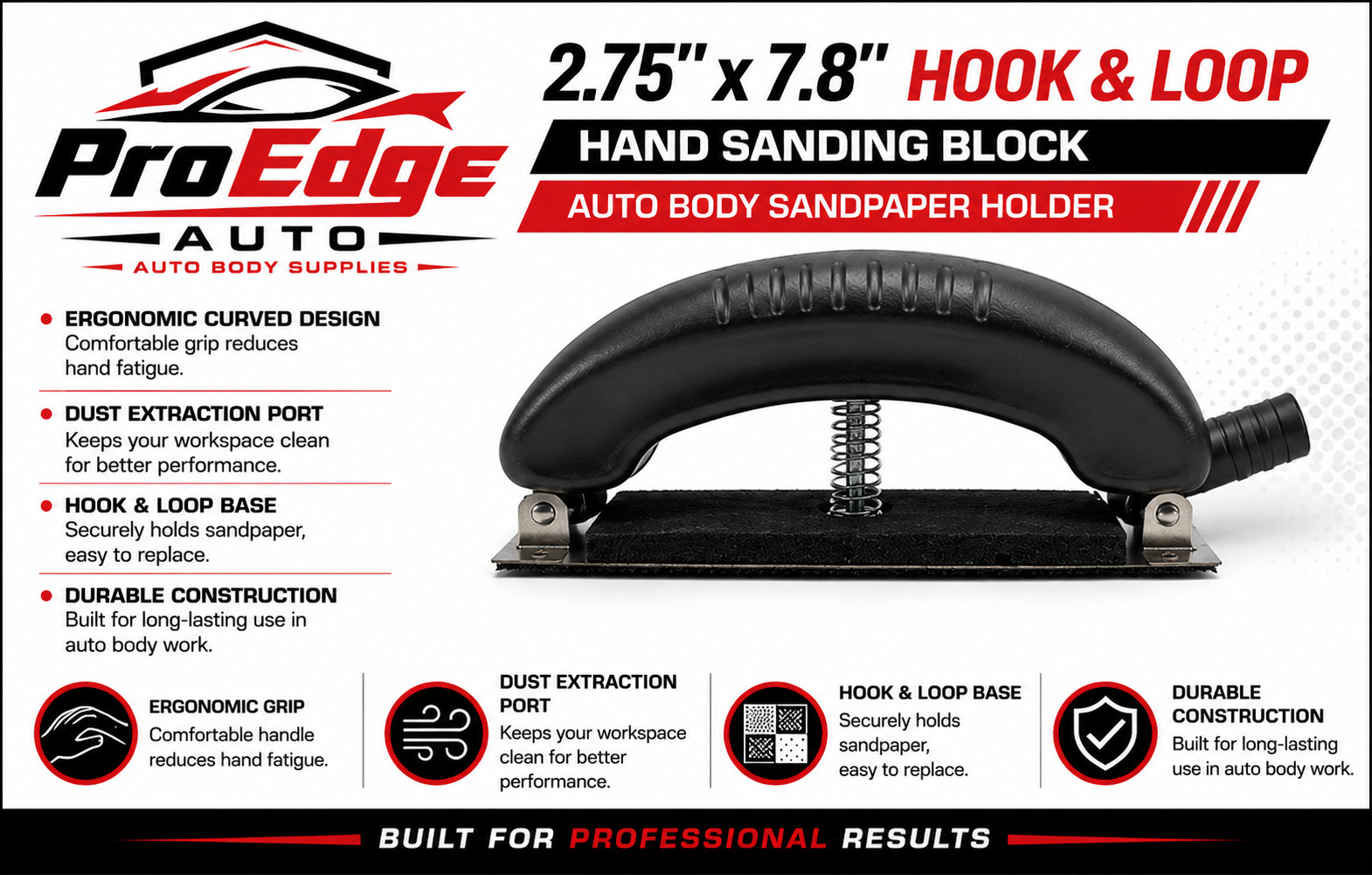 ProEdge Auto Flexible Hand Sanding Block 2.75″ x 7.8″ Hook & Loop Dust Port