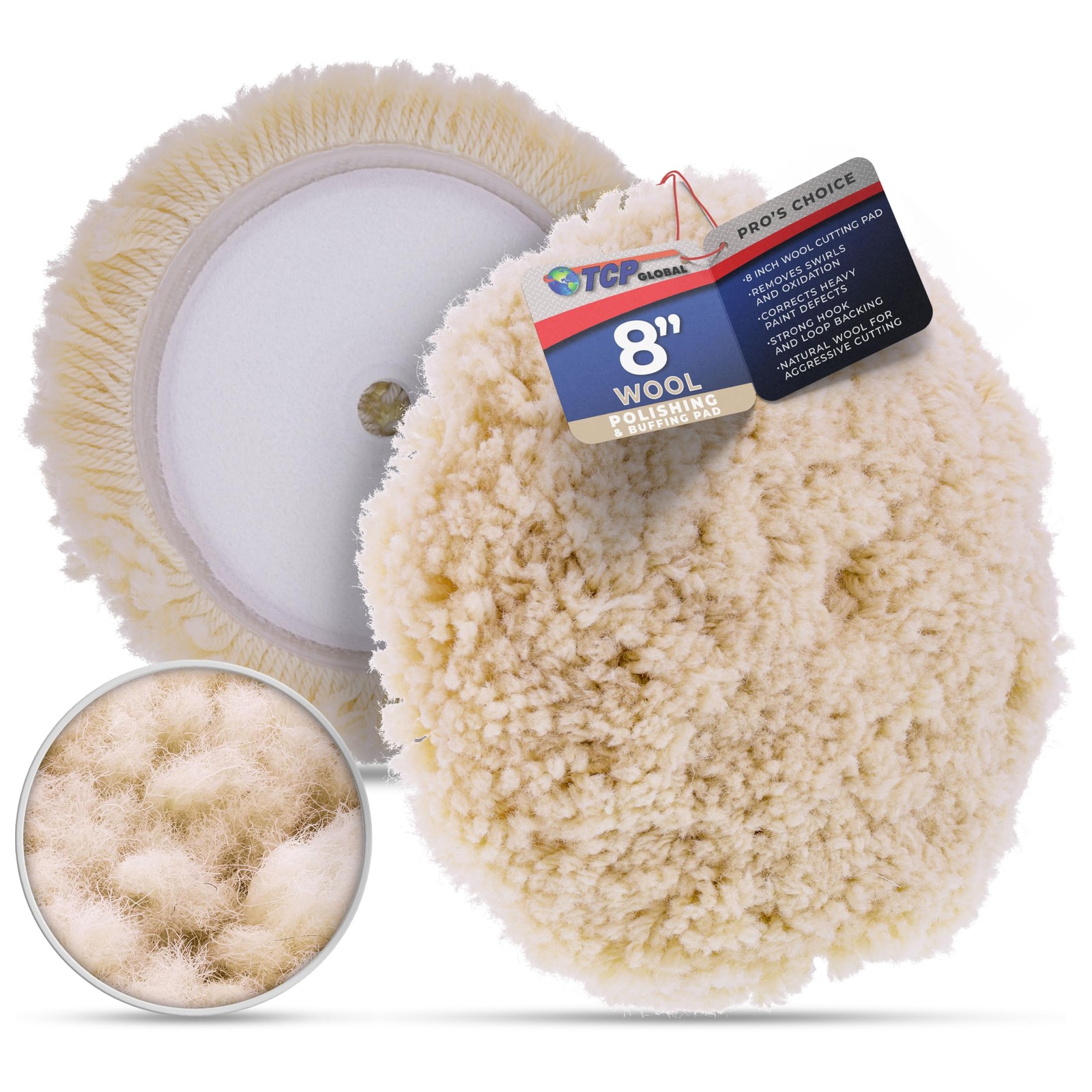 8 Inch Wool Buffing Pad Heavy Cutting Polishing Hook Loop Automotive Detail