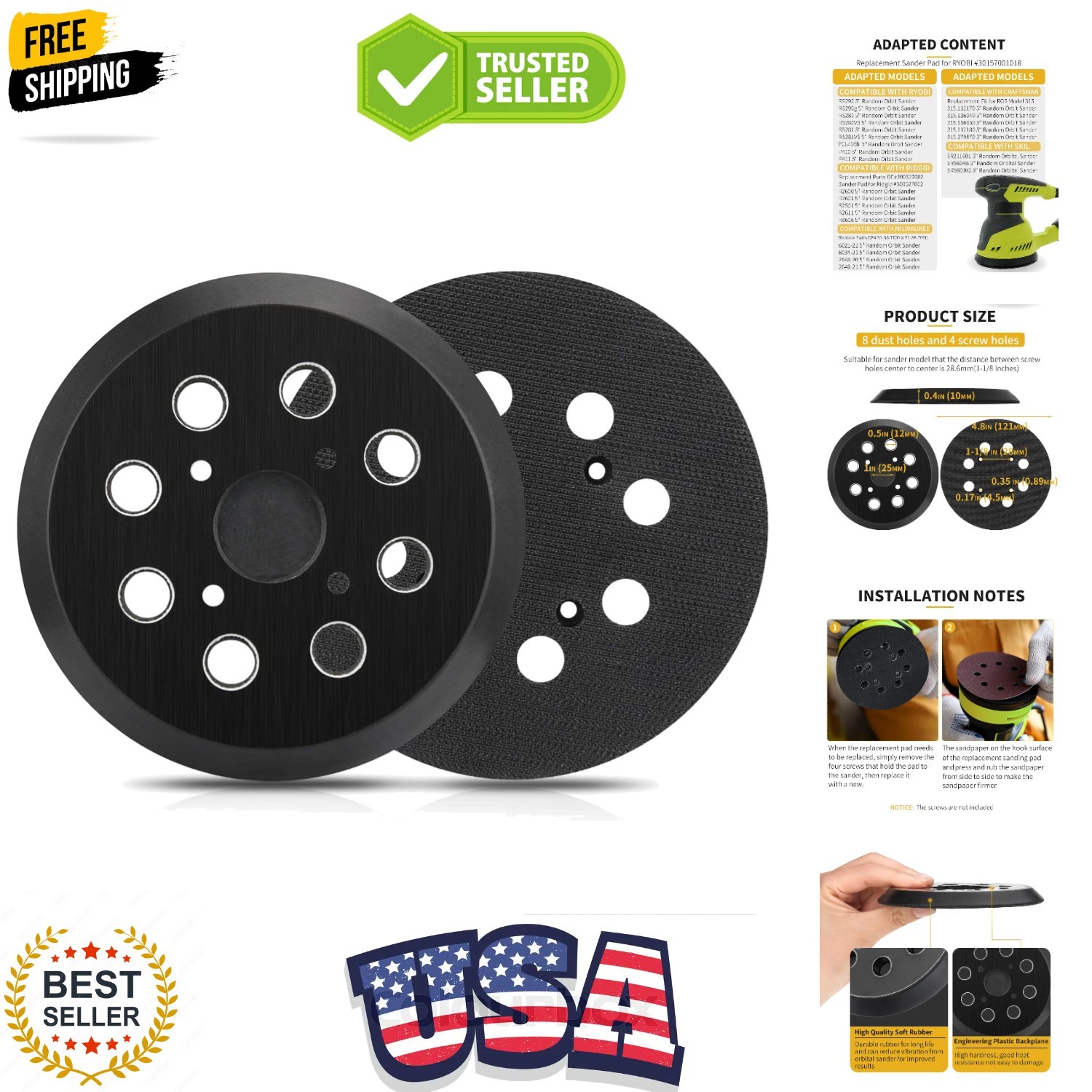 2 Pack 5″ 8 Hole Hook & Loop Replacement Sander Pads Compatible with Ryobi Ra…