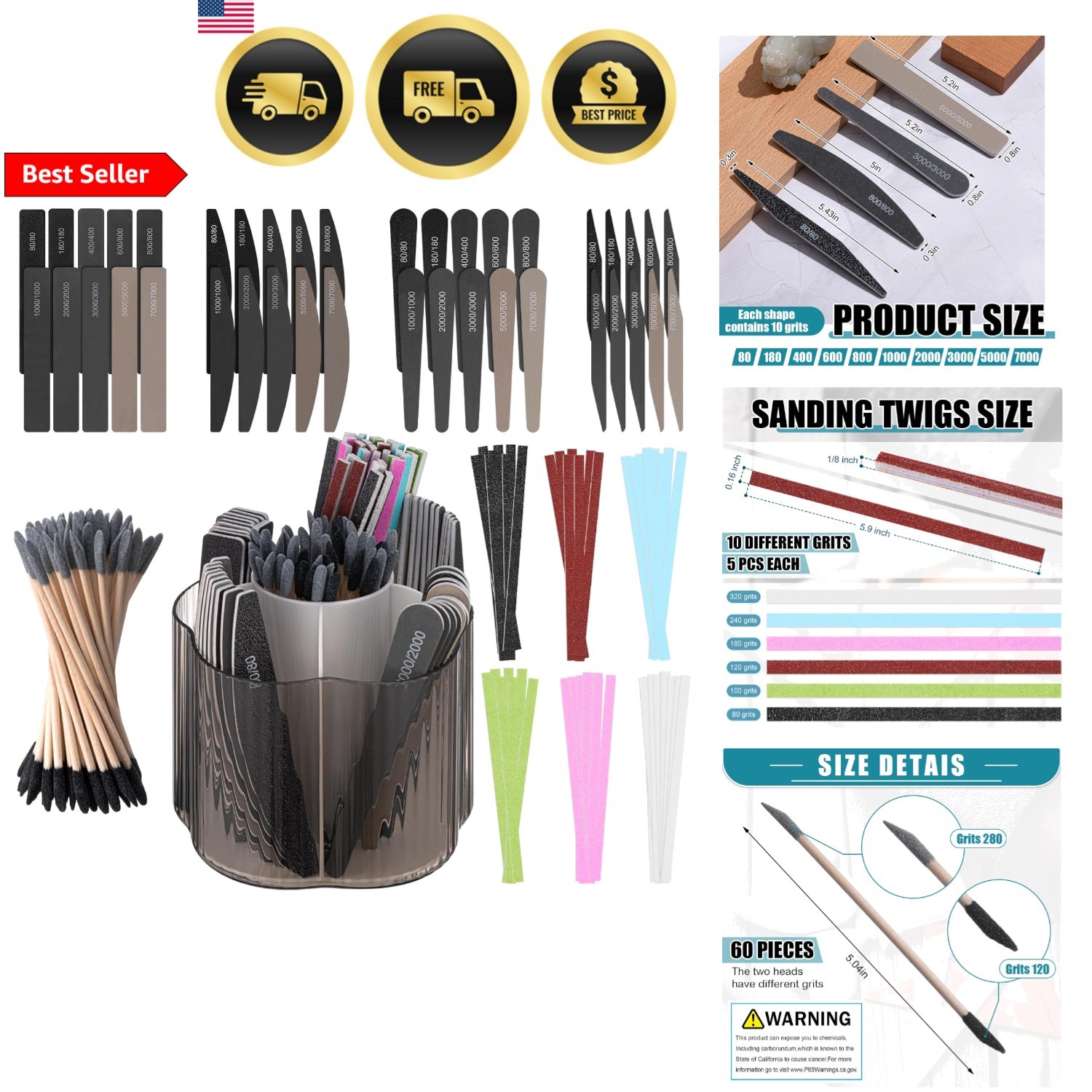 Sanding Sticks Set with Rotating Holder Polishing Sanding Twigs for Crafts