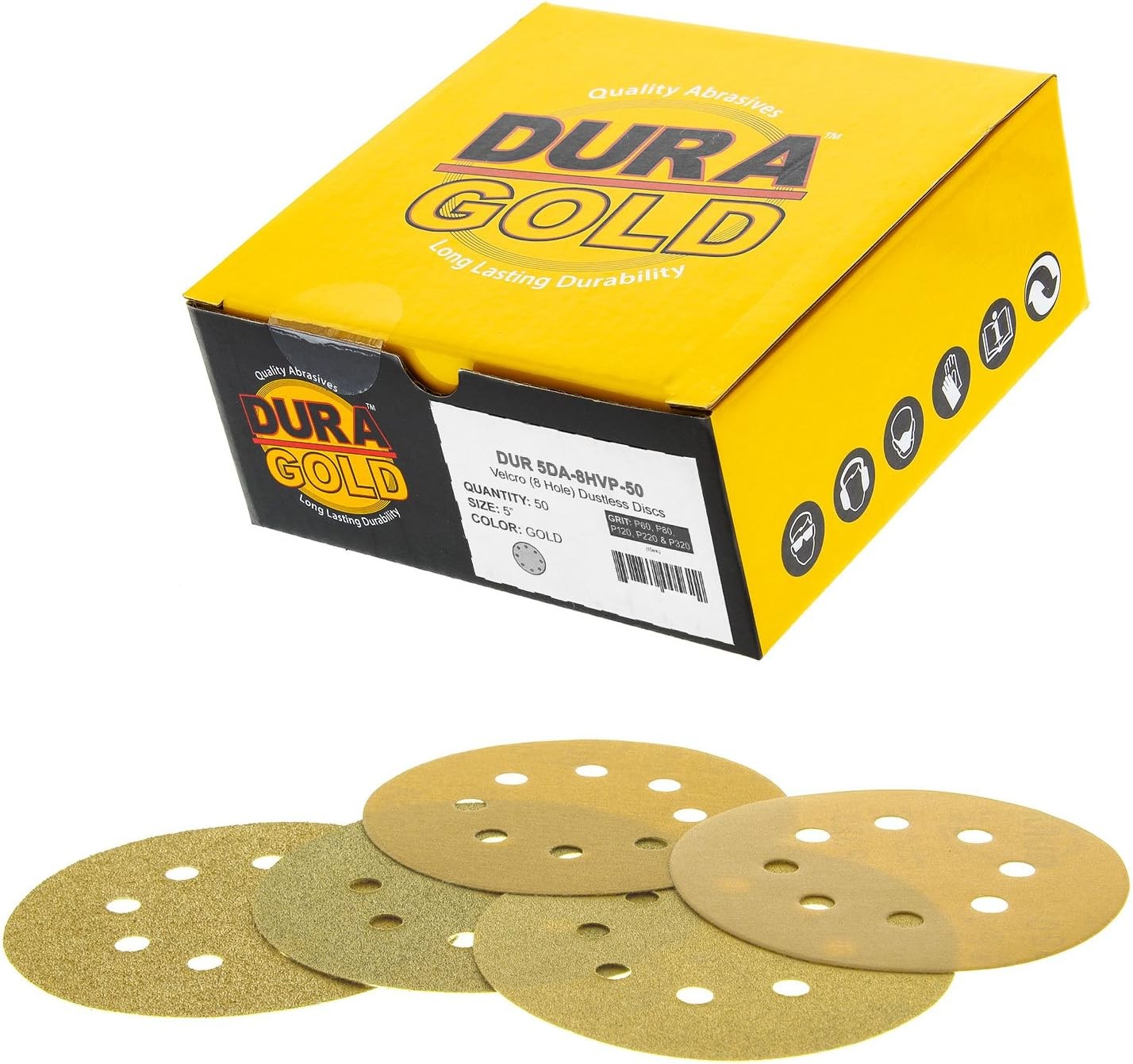 50 Pcs 5″ Gold Sanding Discs 8-Hole Hook & Loop 60-320 Grit Variety Pack