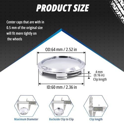 4 Pack Wheel Center Caps Kit, OD 64 mm / 2.52 inch ID 60 mm / 2.36 inch chome