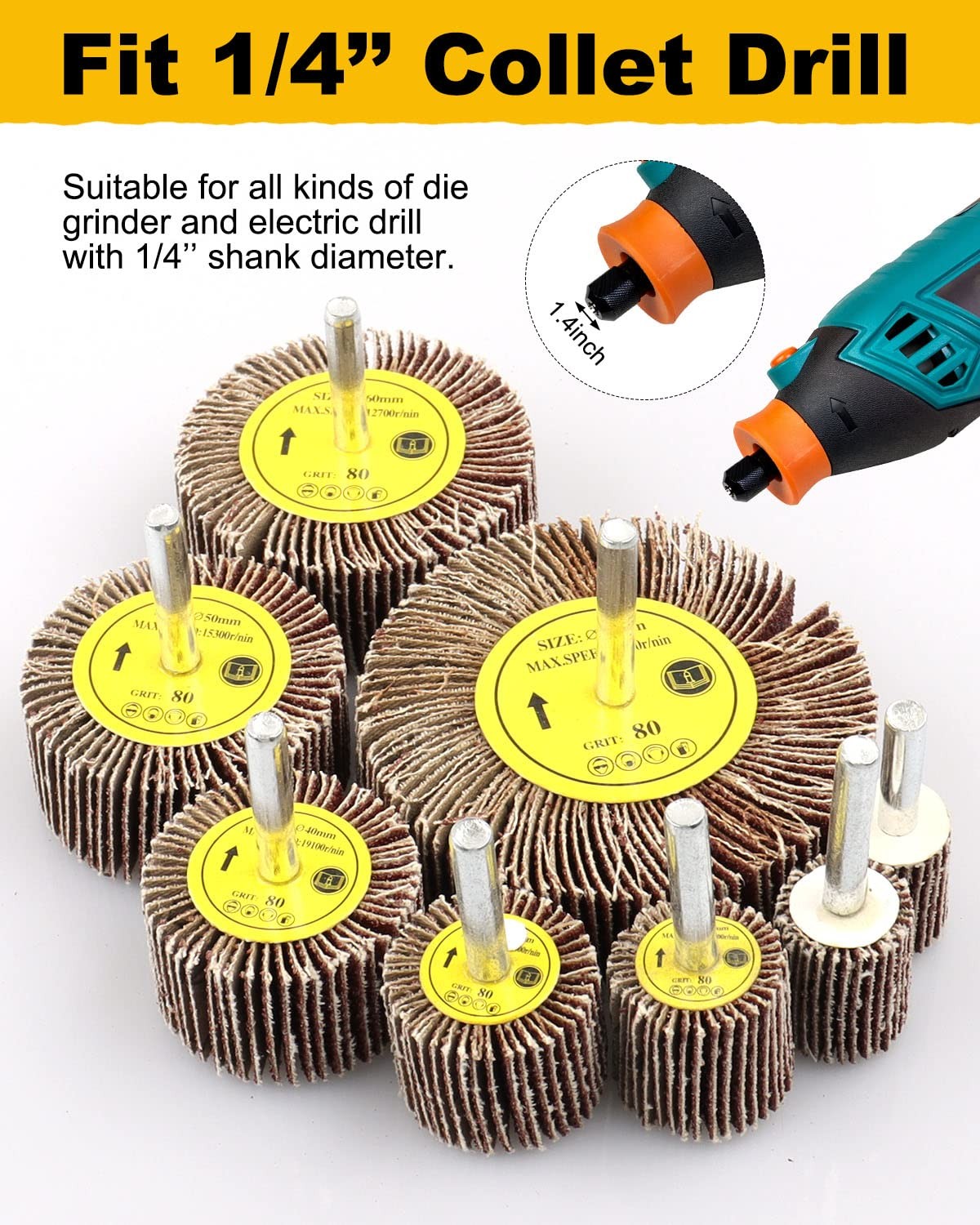 1/4 Shank Flap Wheel Sander Set 8Pcs 80 Grit Flap Wheel Sanding Tools 8 Size