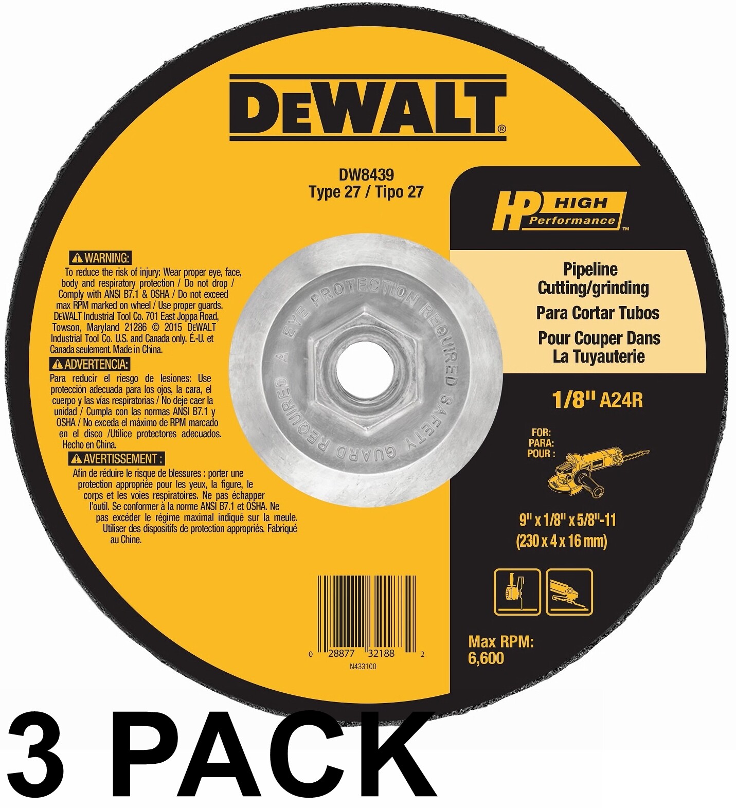 3 Pack DeWalt INDUSTRIAL DW8439 9″ X 1/8″ Type 27 Cutting and Grinding Wheel