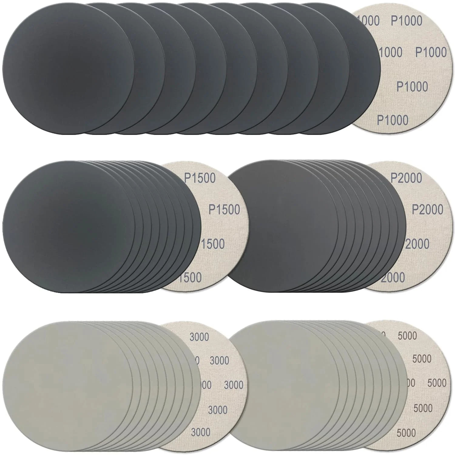 50Pcs 5 Inch Hook and Loop Sanding Discs, 1000/1500/2000/3000/5000 Grit Wet Dry
