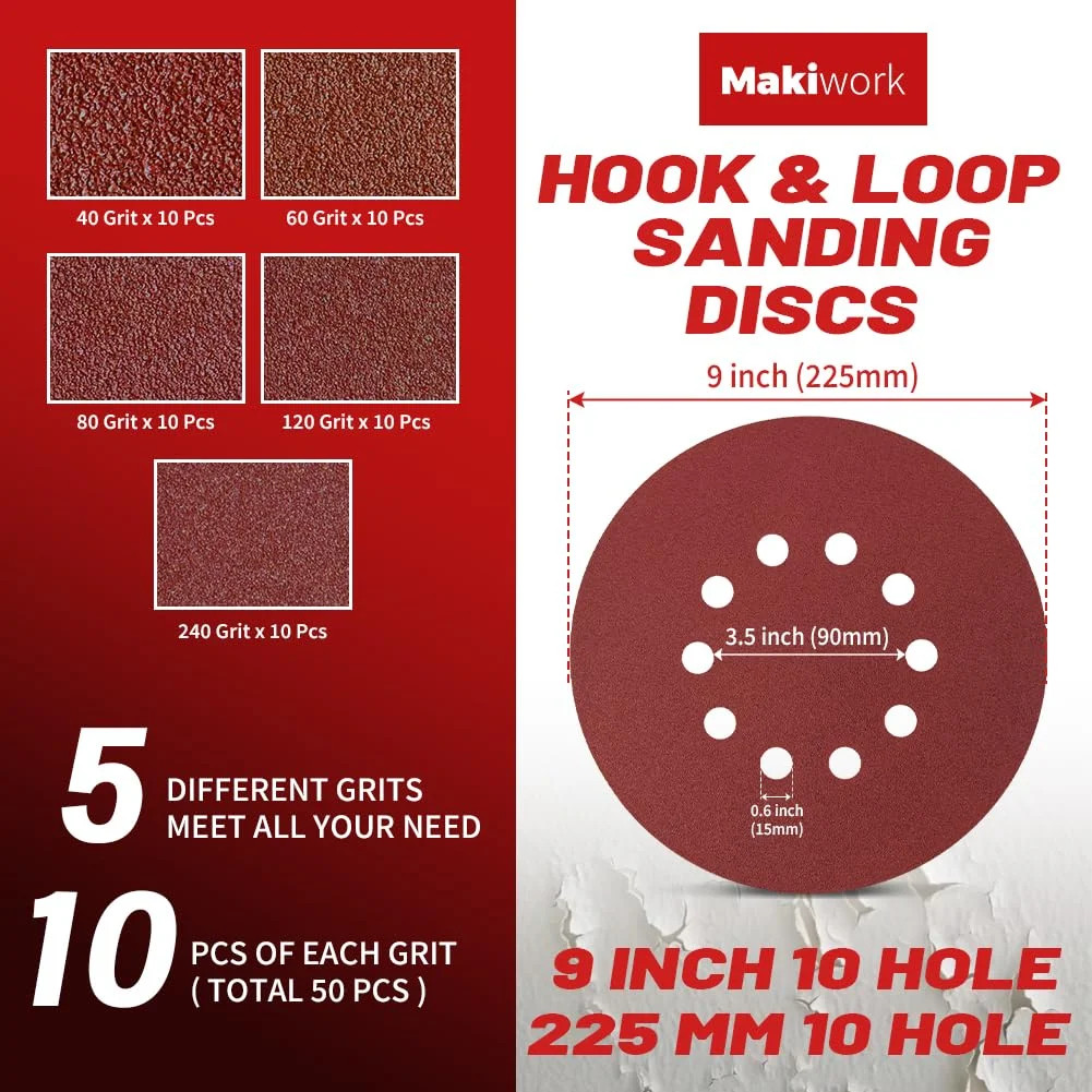 50PCS 9-Inch 10-Hole Hook & Loop Sanding Discs (40/60/80/120/240 Grit – 10 Each)